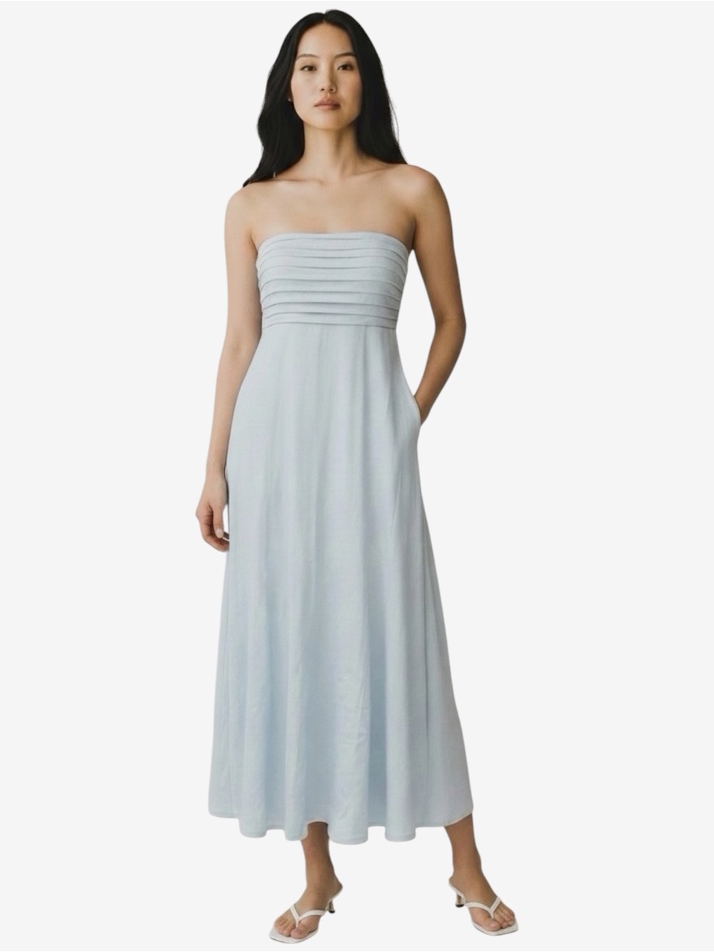 Caroline Constas Women’s Pleated Bodice Baby Blue Line Maxi Dress with Pockets